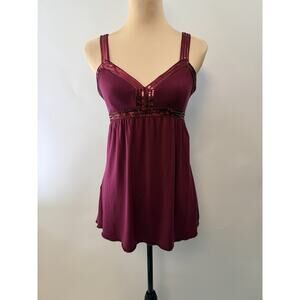 Y2K Express Babydoll Cami Top Womens Sz M Maroon Sequin Trim‎ V-neck Festival